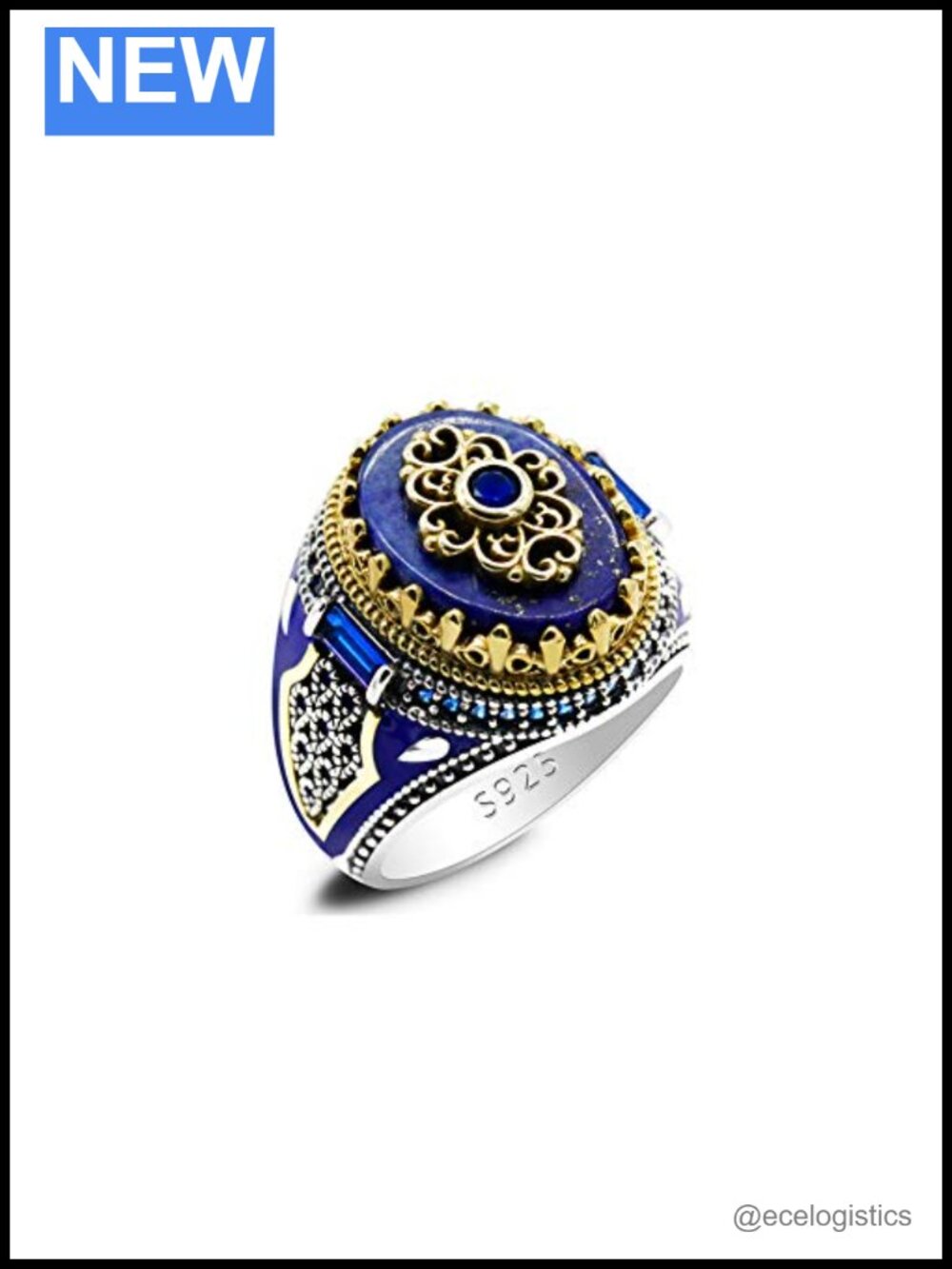 Sterling Silver Onyx Lapis Lazuli Ring Men Handmade Vintage Band